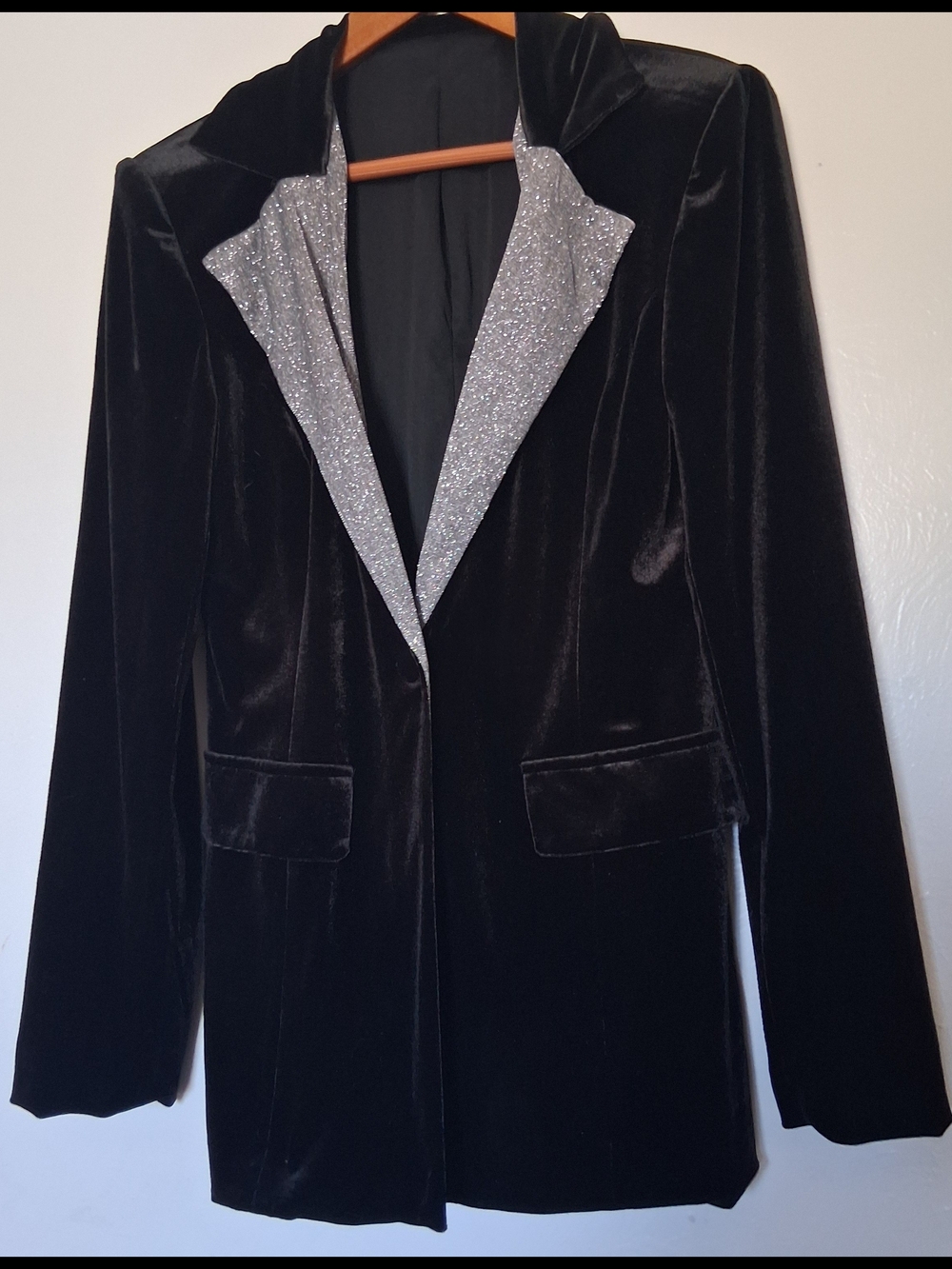Shein Black Velvet Blazer with Silver Glitter Lapel